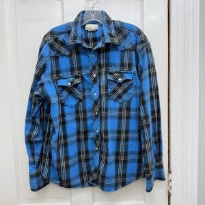 Wrangler Wrancher Western Pearl Snap Heavy Flannel Shirt Boy's XL Blue Black